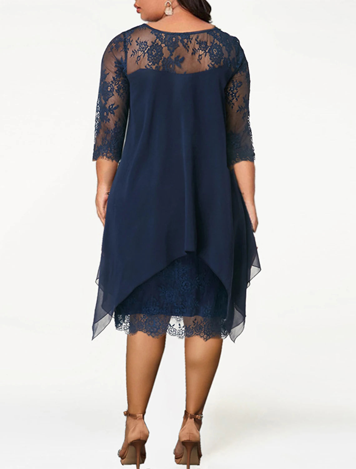 Abito da festa curvy da donna taglie forti, tinta unita, girocollo, in pizzo, manica a 3/4, primavera estate, casual, abito da ballo, abito midi, da festa, da lavoro, in pizzo, abito da ballo di fine anno